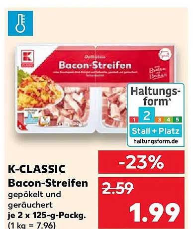 K-CLASSIC Bacon-Streifen gepökelt und geräuchert je 2 x 125-g-Packg. (1 kg = 7.96)
