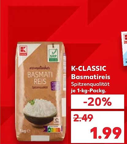 K-CLASSIC Basmatireis Spitzenqualität je 1-kg-Packg.
