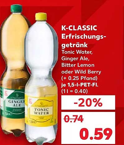 K-CLASSIC Erfrischungsgetränk Tonic Water, Ginger Ale, Bitter Lemon oder Wild Berry (+ 0.25 Pfand) je 1,5-l-PET-Fl. (1 l = 0.40)