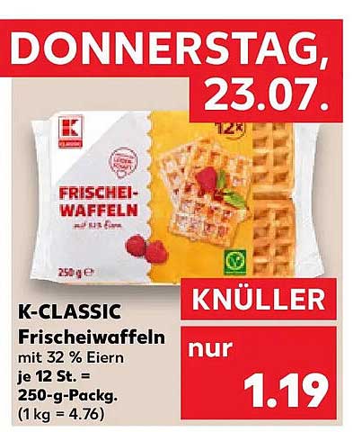 K-CLASSIC Frischeiwaffeln mit 32 % Eiern je 12 St. = 250-g-Packg. (1 kg = 4.76)