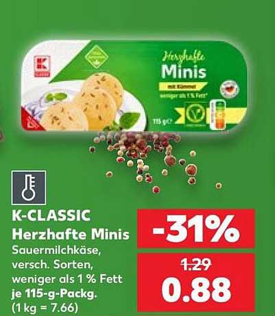 K-CLASSIC Herzhafte Minis Sauermilchkäse, versch. Sorten, weniger als 1% Fett je 115-g-Packg. (1 kg = 7.66)
