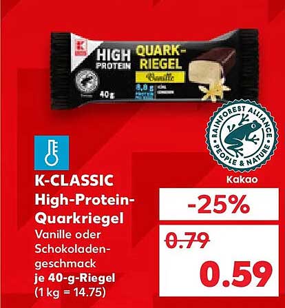 K-CLASSIC High-Protein-Quarkriegel Vanille oder Schokoladengeschmack je 40-g-Riegel