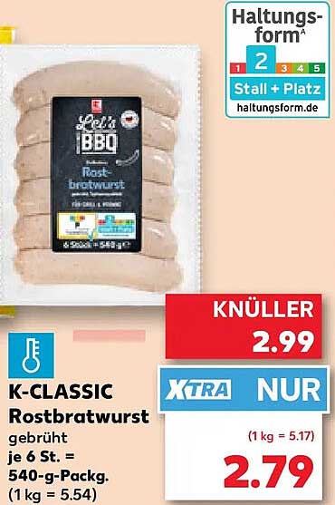 K-CLASSIC Rostbratwurst gebrüht je 6 St. = 540-g-Packg. (1 kg = 5.54)