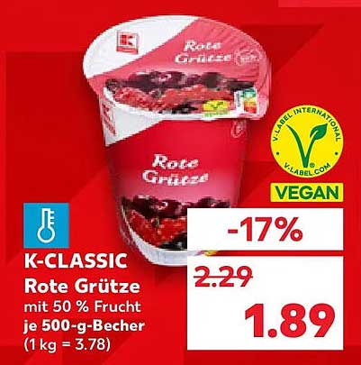 K-CLASSIC Rote Grütze mit 50 % Frucht je 500-g-Becher (1 kg = 3.78)