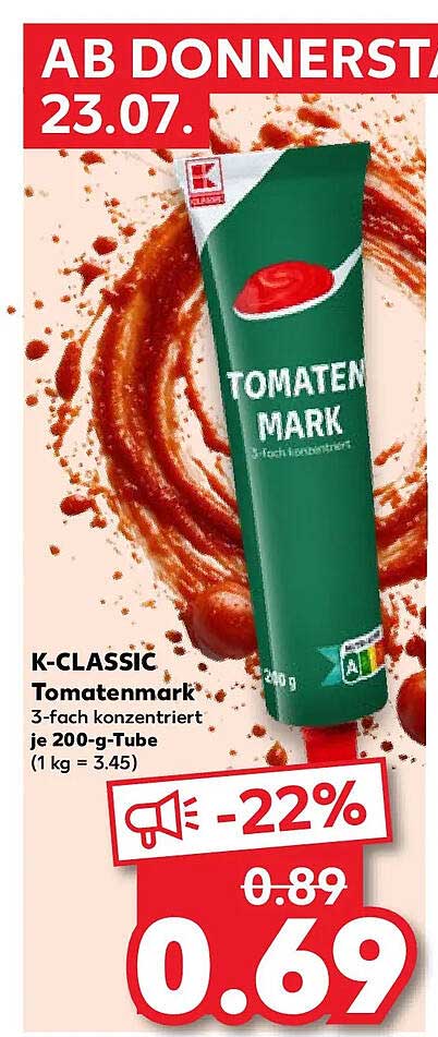 K-CLASSIC Tomatenmark 3-fach konzentriert je 200-g-Tube (1 kg = 3.45)