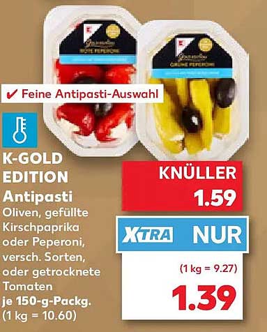 K-GOLD EDITION Antipasti Oliven, gefüllte Kirschpaprika oder Peperoni, versch. Sorten, oder getrocknete Tomaten je 150-g-Packg. (1 kg = 10.60)