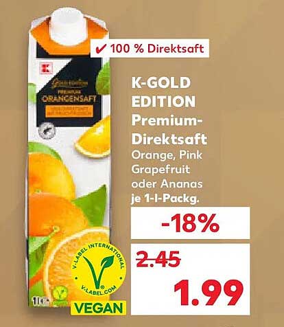K-GOLD EDITION Premium-Direktsaft Orange, Pink Grapefruit oder Ananas je 1 l-Packg.