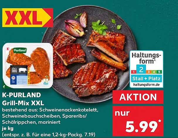 K-PURLAND Grill-Mix XXL bestehend aus: Schweinenackenstelet, Schweinebauchscheiben, Spareribs/ Schälrippchen, mariniert je kg