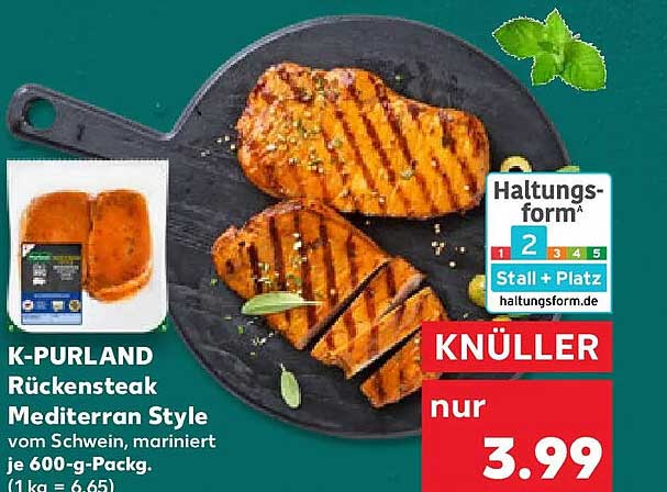 K-PURLAND Rückensteak Mediterran Style vom Schwein, mariniert je 600-g-Packg.