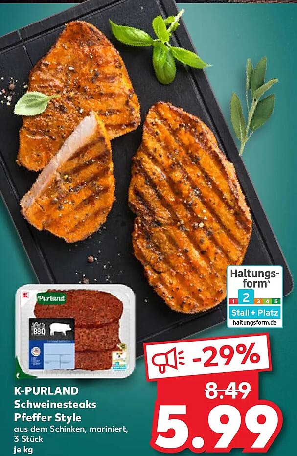K-PURLAND Schweinesteaks Pfeffer Style aus dem Schinken, mariniert, 3 Stück je kg