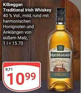Kilbeggan Traditional Irish Whiskey 40 % Vol., mild, rund mit harmonischen Honignoten und Anklängen von süßem Malz, 1 l = 15.70
