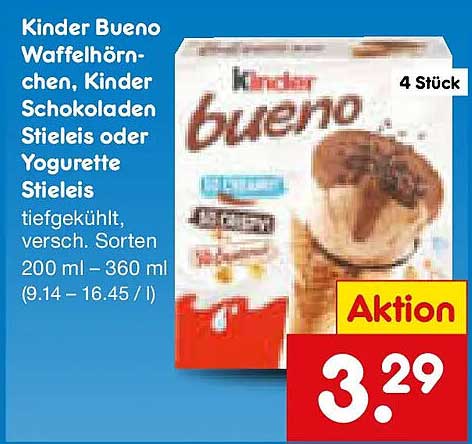 Kinder Bueno Waffelhörnchen, Kinder Schokoladen Stieleis oder Yogurette Stieleis