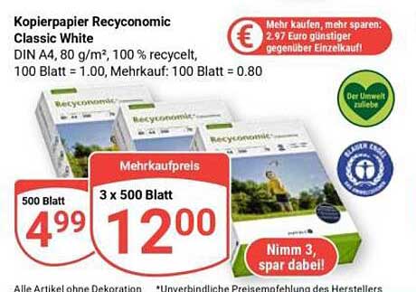 Kopierpapier Recyconomic Classic White DIN A4, 80 g/m², 100 % recycelt, 100 Blatt = 1.00, Mehrkauf: 100 Blatt = 0.80