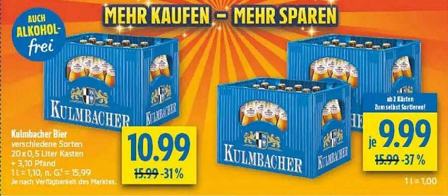 Kulmbacher Bier verschiedene Sorten 20x 0,5 Liter Kasten + 3,10 Pfand 1 Liter = 1,10, n. G. = 15,99