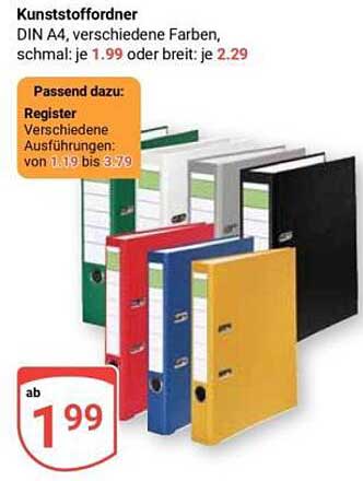 Kunststoffordner DIN A4, verschiedene Farben, schmal: je 1.99 oder breit: je 2.29