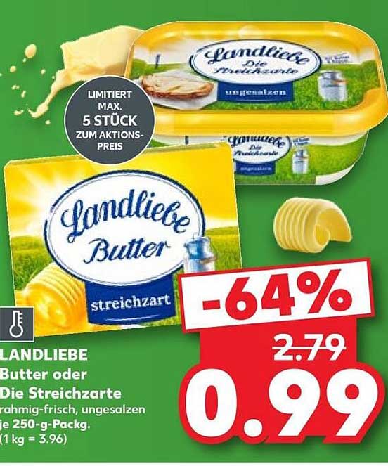 LANDLIEBE Butter oder Die Streichzarte, rahmig-frisch, ungesalzen, je 250-g-Packg.