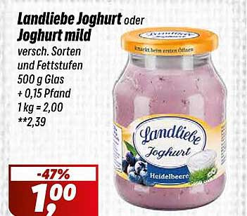Landliebe Joghurt oder Joghurt mild versch. Sorten und Fettstufen 500 g Glas + 0,15 Pfand 1 kg = 2,00