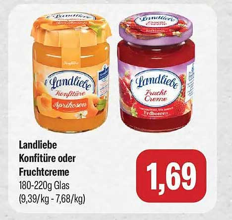 Landliebe Konfitüre oder Fruchtcreme 180-220g Glas (9,39/kg - 7,68/kg)