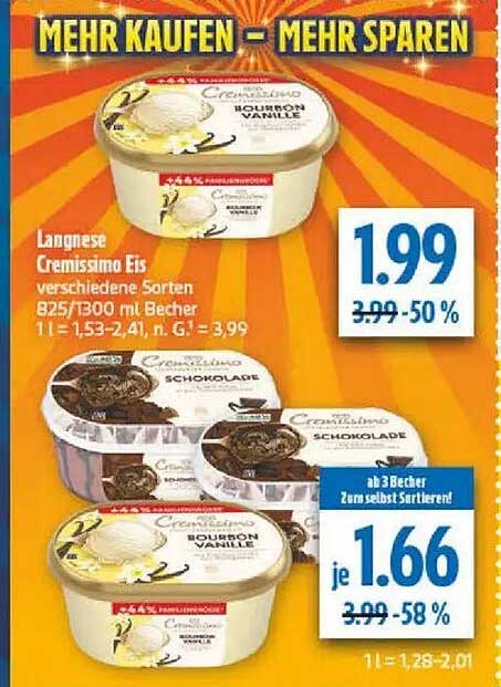 Langnese Cremissimo Eis verschiedene Sorten 825/1300 ml Becher