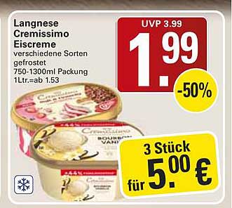 Langnese Cremissimo Eiscreme verschiedene Sorten gefrostet 750-1300ml Packung 1Ltr.=ab 1.53