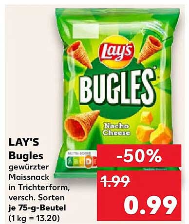LAY'S Bugles gewürzter Maissnack in Trichterform, versch. Sorten je 75-g-Beutel (1 kg = 13.20)