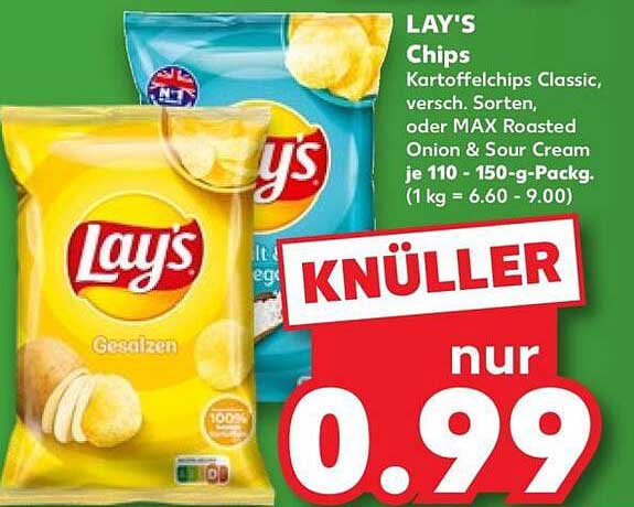 LAY'S Chips Kartoffelchips Classic, versch. Sorten, oder MAX Roasted Onion & Sour Cream je 110 - 150-g-Packg. (1 kg = 6.60 - 9.00)