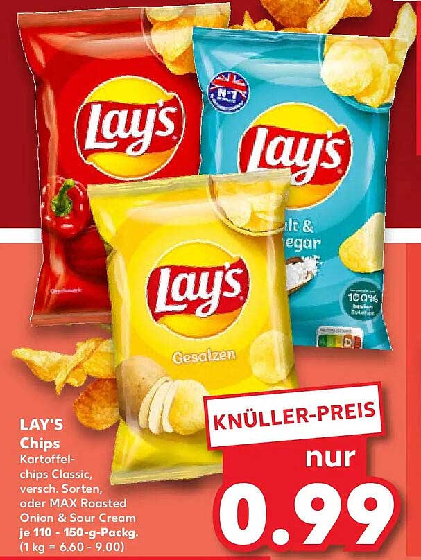 LAY'S Chips Kartoffelchips Classic, versch. Sorten, oder MAX Roasted Onion & Sour Cream je 110 - 150-g-Packg.
