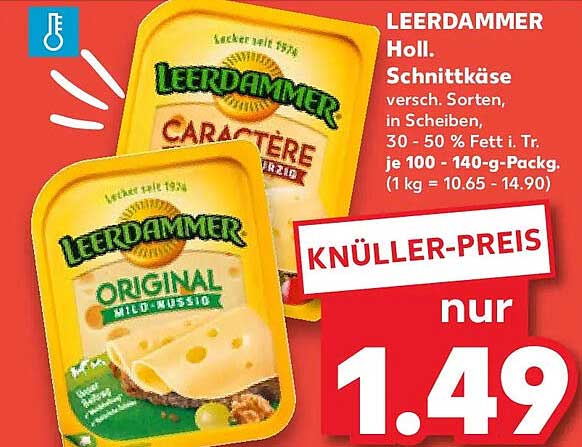 LEERDAMMER Holl. Schnittkäse versch. Sorten, in Scheiben, 30 - 50 % Fett i. Tr. je 100 - 140-g-Packg. (1 kg = 10.65 - 14.90)