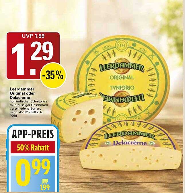 Leerdammer Original oder Delacreme holländischer Schnittkäse, mild-nussiger Geschmack, verschiedene Sorten, mind. 45/50% Fett i. Tr. 100g