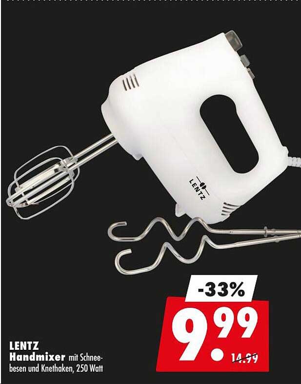 LENTZ Handmixer mit Schneebesen und Knethaken, 250 Watt