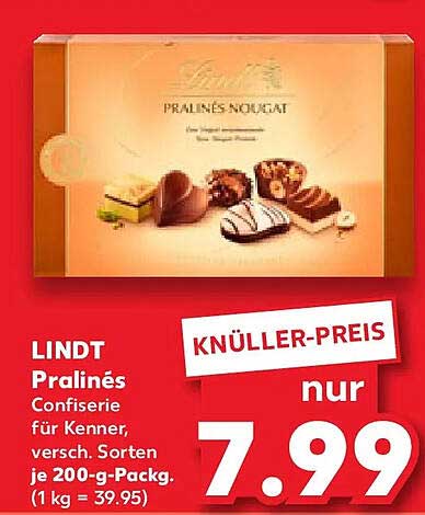 LINDT Pralines Confiserie für Kenner, versch. Sorten je 200-g-Packg. (1 kg = 39.95)