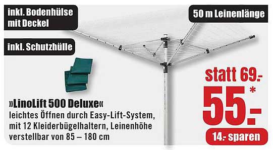 »LinoLift 500 Deluxe« leichtes Öffnen durch Easy-Lift-System, mit 12 Kleiderbügelhaltern, Leinenhöhe verstellbar von 85 – 180 cm