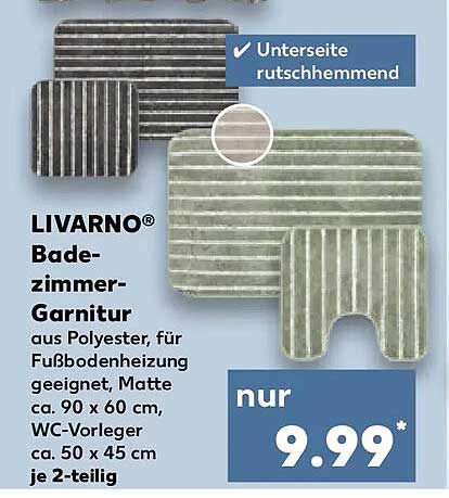 LIVARNO® Badezimmer-Garnitur aus Polyester, für Fußbodenheizung geeignet, Matte ca. 90 x 60 cm, WC-Vorleger ca. 50 x 45 cm je 2-teilig
