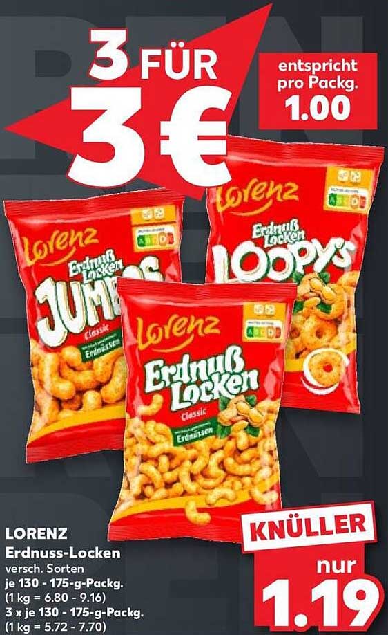 LORENZ Erdnuss-Locken versch. Sorten je 130 - 175-g-Packg. (1 kg = 6.80 - 9.16) 3 x je 130 - 175-g-Packg. (1 kg = 5.72 - 7.70)