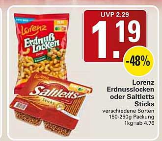 Lorenz Erdnusslocken oder Saltletts Sticks verschiedene Sorten 150-250g Packung 1kg=ab 4,76