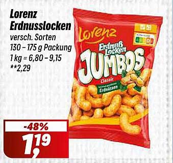 Lorenz Erdnusslocken versch. Sorten 130 – 175 g Packung 1 kg = 6,80 – 9,15