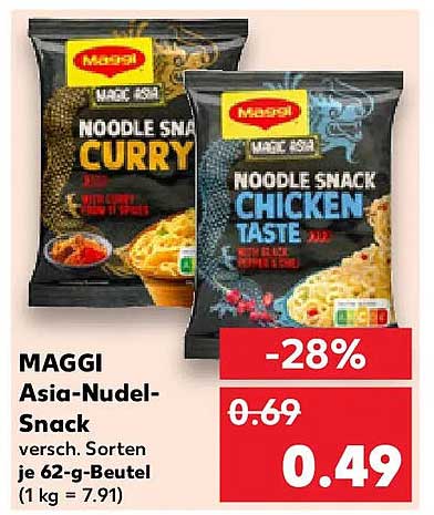 MAGGI Asia-Nudel-Snack versch. Sorten je 62-g-Beutel (1 kg = 7.91)