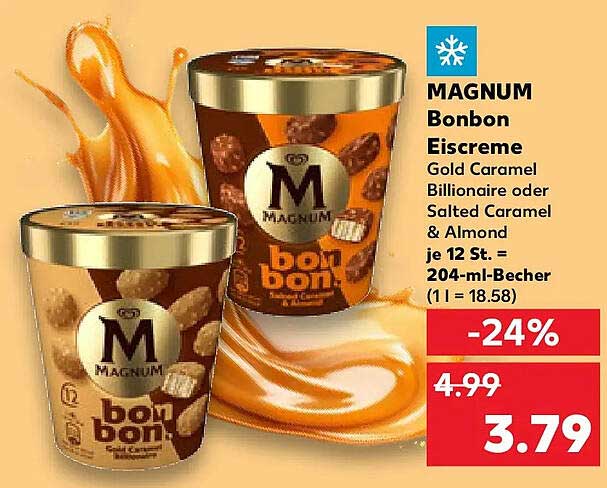 MAGNUM Bonbon Eiscreme Gold Caramel Billionaire oder Salted Caramel & Almond je 12 St. = 204-ml-Becher (1 l = 18.58)