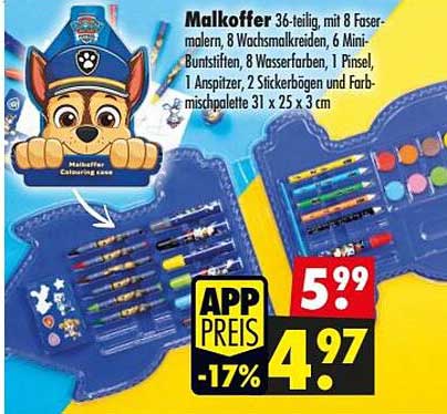 Malkoffer 36-teilig mit 8 Faser-malern, 8 Wachsmal kreiden, 6 Mini-Buntstiften, 8 Wasserfarben, 1 Pinsel, 1 Anspitzer, 2 Stickerbogen und Farb-mischpalette 31 x 25 x 3 cm