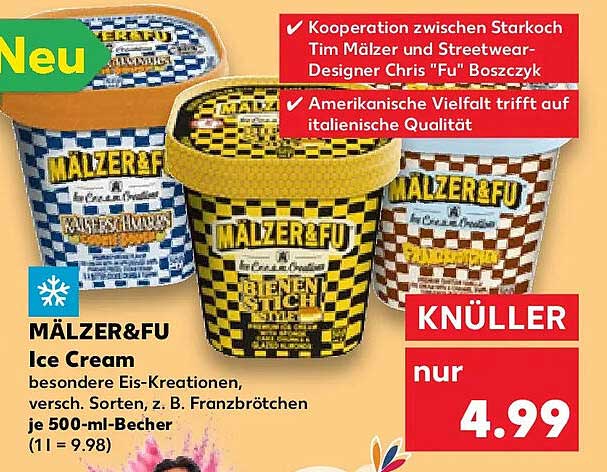 MÄLZER&FU Ice Cream besondere Eis-Kreationen, versch. Sorten, z. B. Franzbrötchen je 500-ml-Becher (1 l = 9.98)