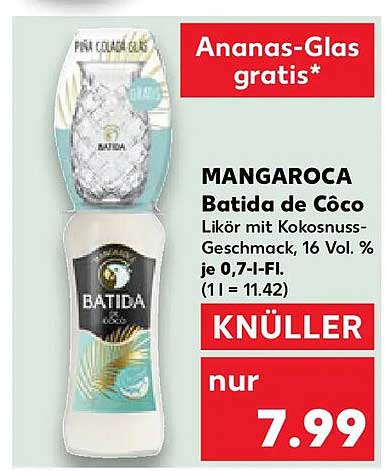 MANGAROCA Batida de Côco Likör mit Kokosnuss-Geschmack, 16 Vol. % je 0,7-l-Fl.