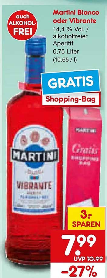 Martini Bianco oder Vibrante 14,4 % Vol. / alkoholfreier Aperitif 0,75 Liter (10.65 / l) GRATIS Shopping-Bag