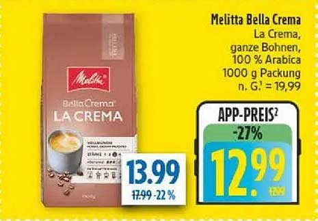 Melitta Bella Crema La Crema, ganze Bohnen, 100 % Arabica 1000 g Packung