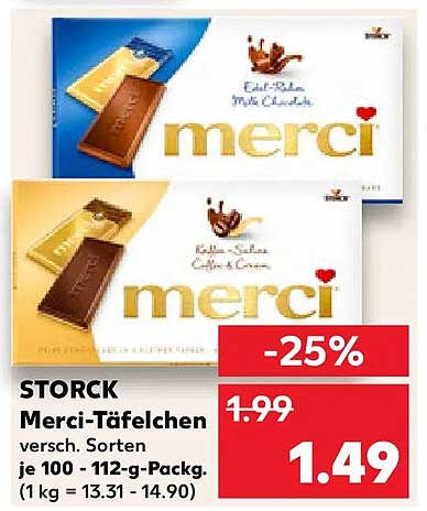 Merci-Täfelchen versch. Sorten je 100 - 112-g-Packg. (1 kg = 13.31 - 14.90)