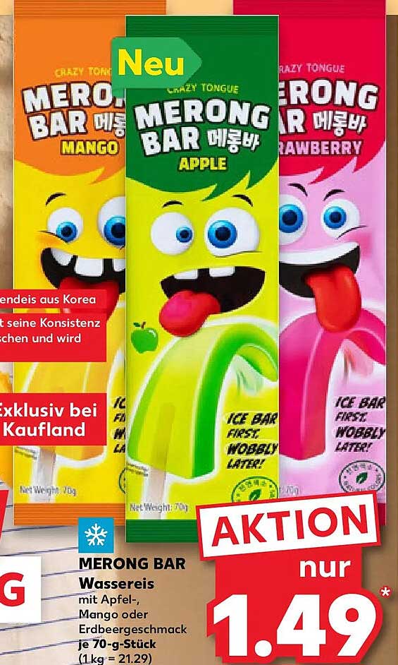 MERONG BAR Wassereis mit Apfel-, Mango oder Erdbeergeschmack je 70-g-Stück (1 kg = 21.29)