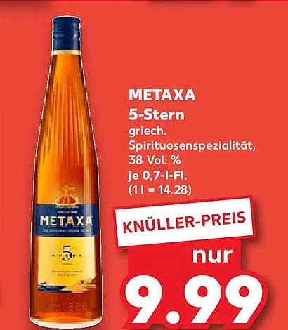 METAXA 5-Stern griech. Spirituosen­spezialität, 38 Vol. % je 0,7-l-Fl.