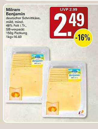 Milram Benjamin deutscher Schnittkäse, mild, mind. 48% Fett i.Tr., SB-verpackt 150g Packung 1kg=16.60