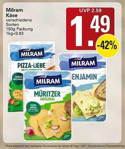 Milram Käse verschiedene Sorten 150g Packung 1kg=9.93