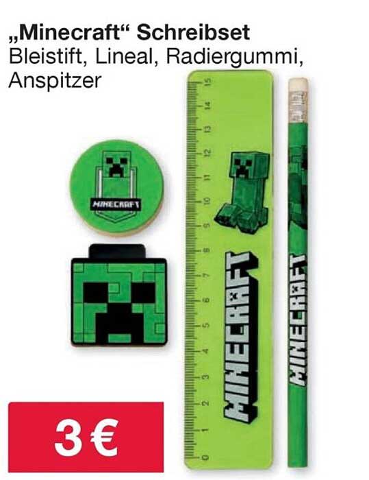 „Minecraft“ Schreibset Bleistift, Lineal, Radiergummi, Anspitzer