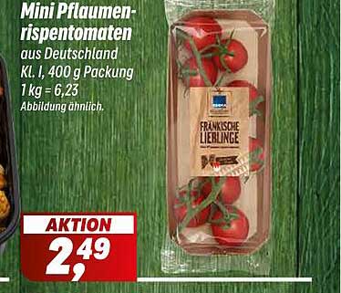 Mini Pflaumen-rispentomaten aus Deutschland Kl. I, 400 g Packung 1 kg = 6,23 Abbildung ähnlich. AKTION